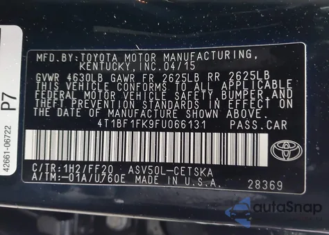 2015 Toyota Camry Se из США, поврежденный, VIN 4T1BF1FK9FU066131